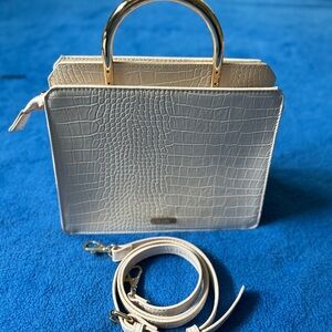 Cream Satchel with Croc-Embossed Design and Gold Hardware